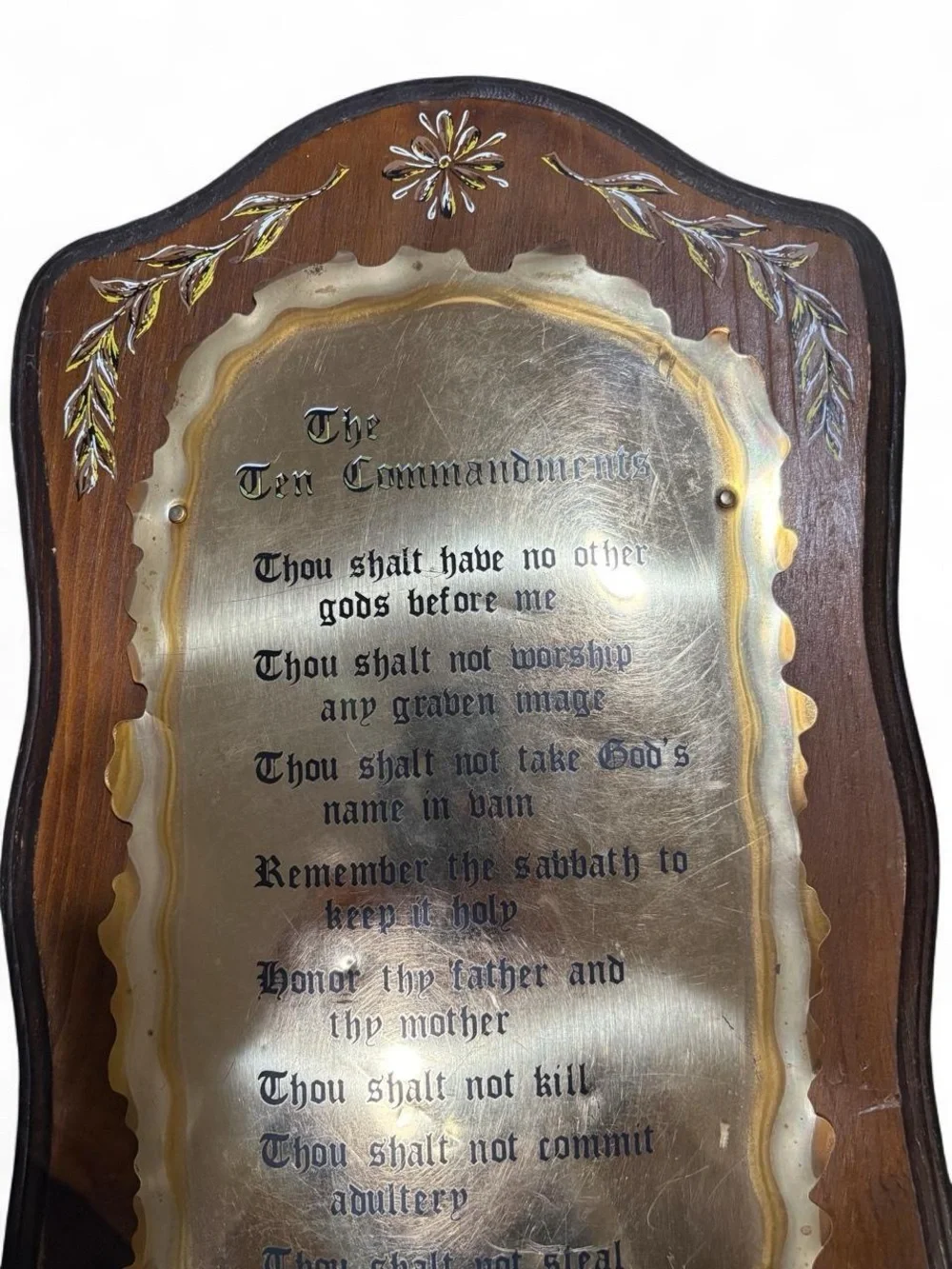 Vintage Wooden Ten Commandments Wall Plaque Brass Metal Plate Floral Accents 19